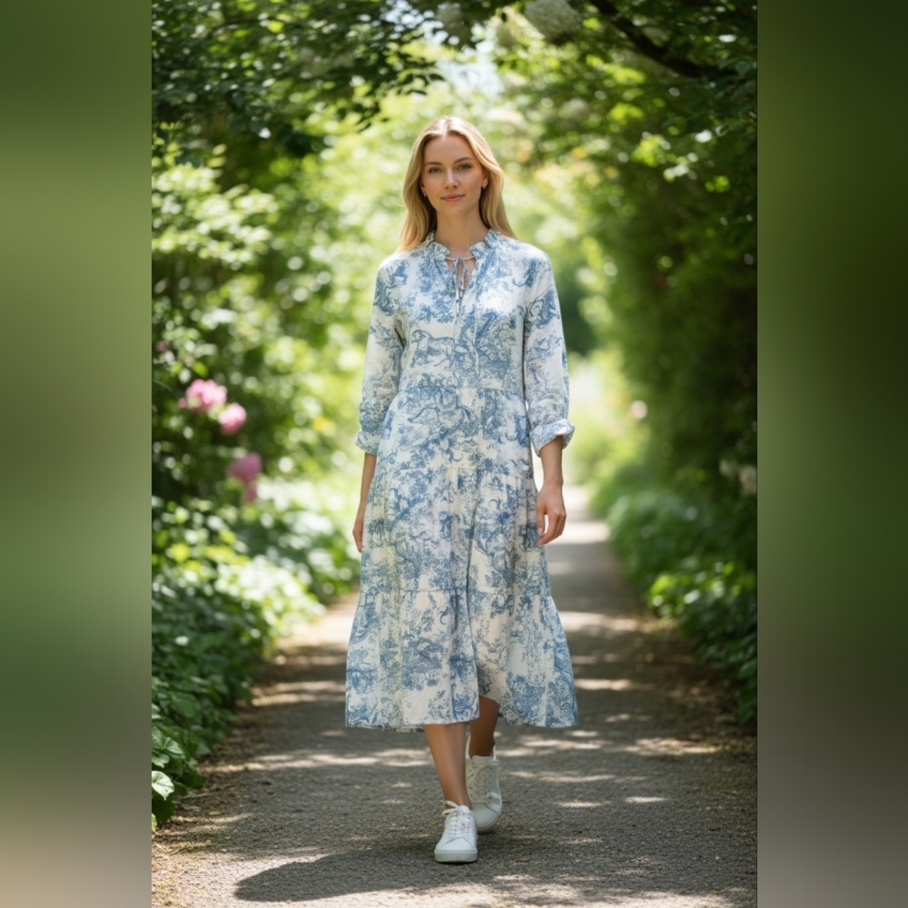 Nwt Long Sleeve Blue and White Dress Anna Kaci Animal Jungle Lightweight XL